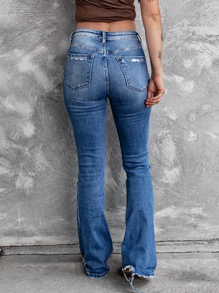 Jean Évasé Déchiré Femme - Pantalon Streetwear Y2K, Stretch, Slim, Style Rétro Bootcut
