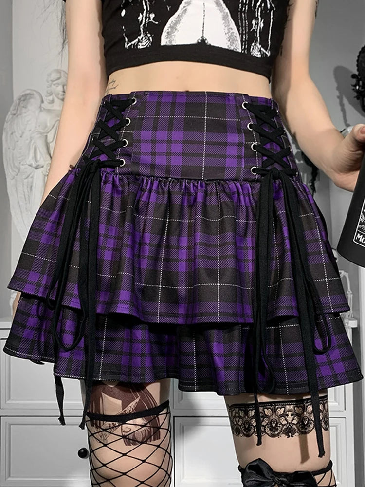 Mini-Jupe Gothique à Carreaux Noirs - Femme - Style Punk, Plissée