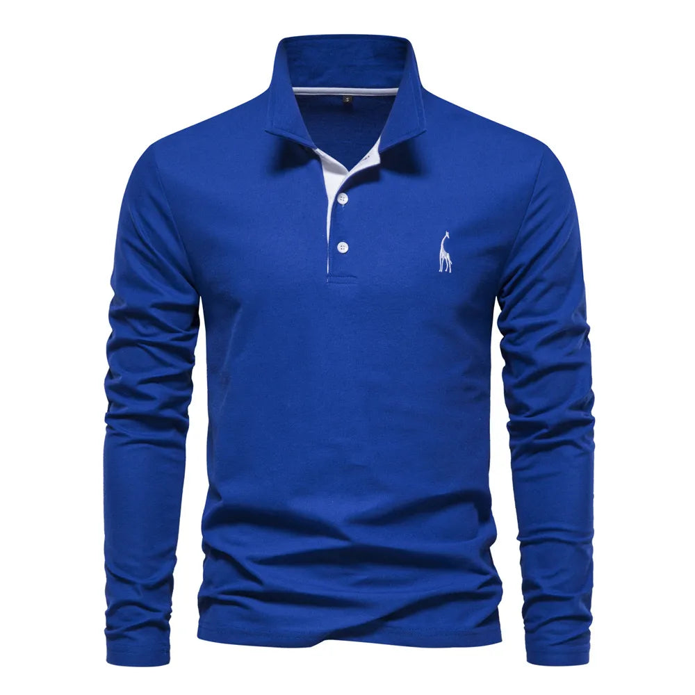 Polo Homme AIOPESON avec Broderie Cerf - Manches Longues, Couleur Unie